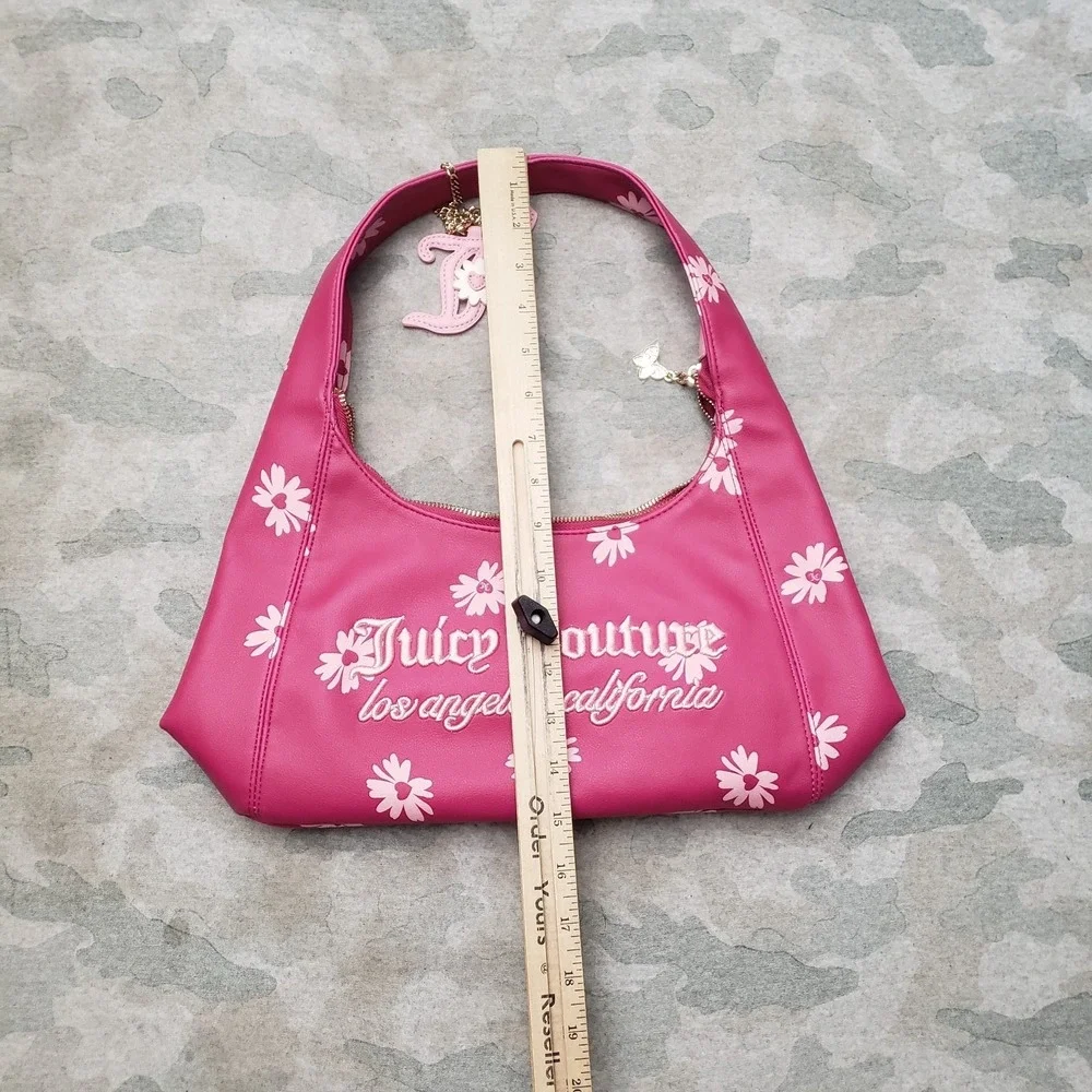 Juicy Couture Purse Womens Pink Leather Embroidered Daisy For Justice W/ Charm